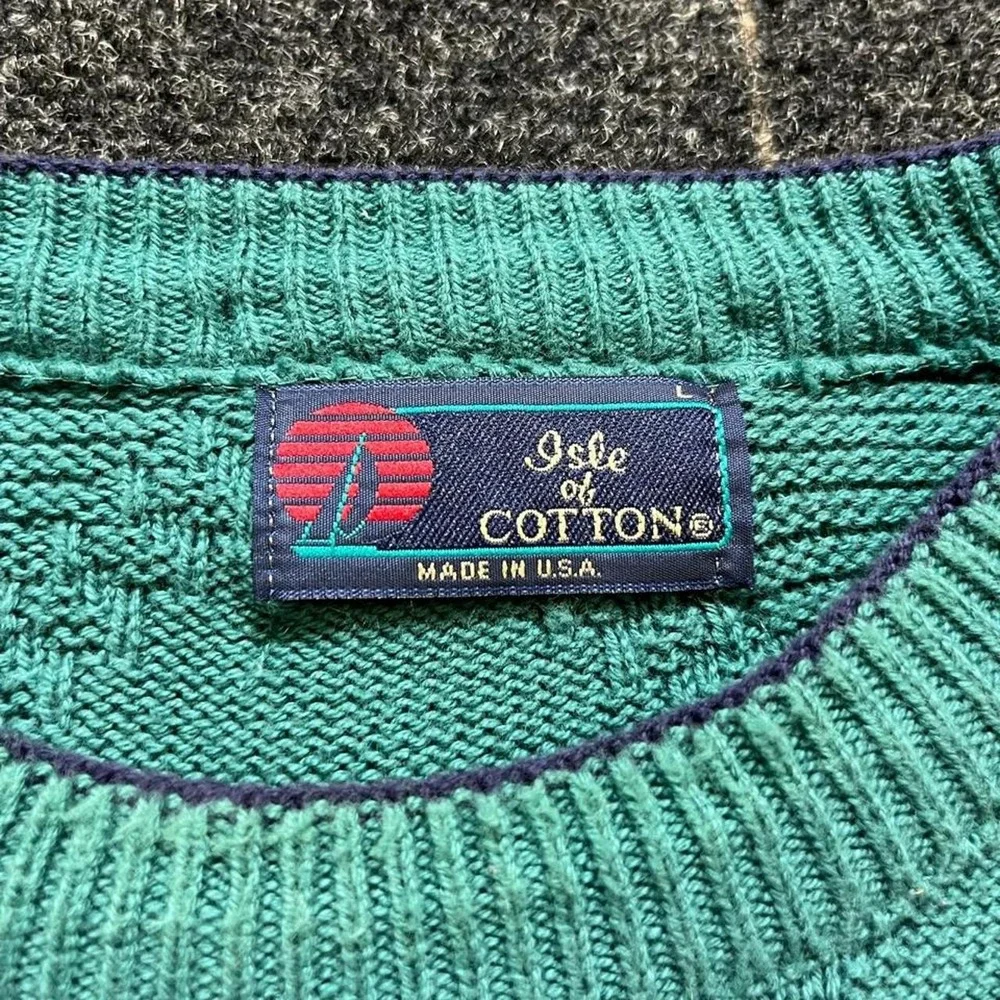 Vintage Isle of Cotton Golf Knit Sweater Mens Large Green Blue USA Made 90s